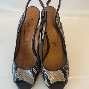 Hobbs brand snake print slingback heel sandals.